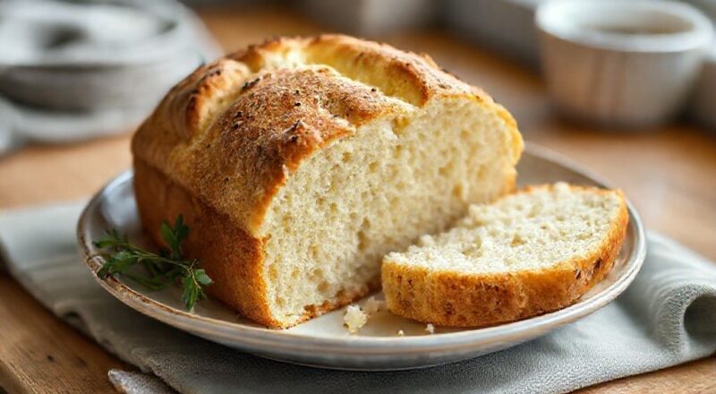 Pão dourado e macio recém-assado, cortado em fatias sobre uma tábua rústica, com manteiga derretendo por cima.