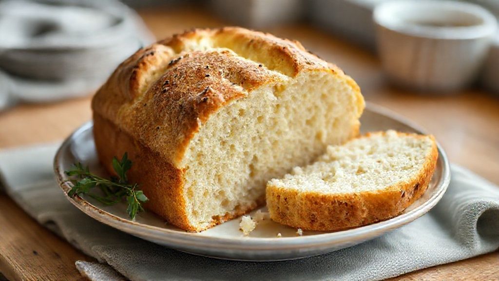Pão caseiro de liquidificador fofinho dourado e macio, recém-saído do forno, servido em uma tábua de madeira.
