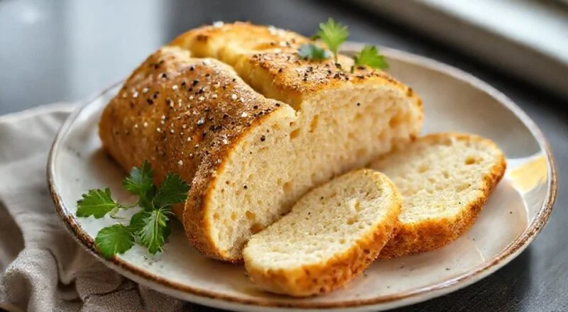 Pães dourados e fofos de mandioca dispostos em uma cesta de palha, com manteiga ao lado.