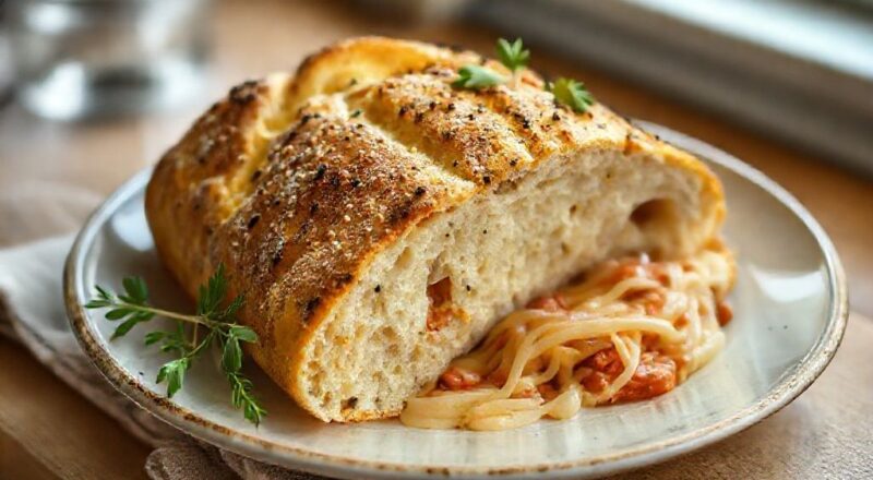 Pães de calabresa caseiros dourados e recheados, sobre uma tábua, com queijo derretido e aroma irresistível.