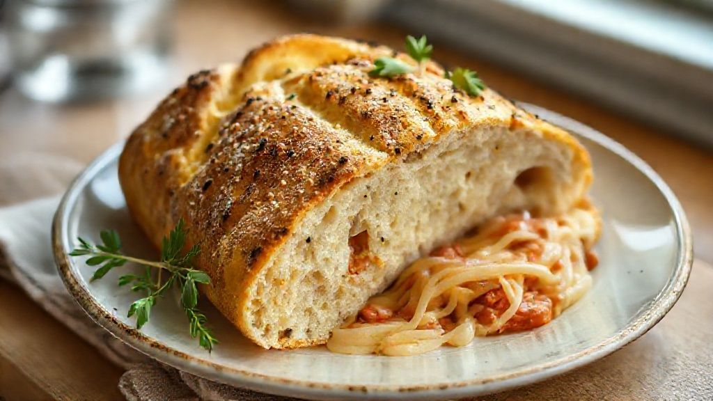 Pão de calabresa caseiro dourado e recheado, com queijo derretido e aroma irresistível, servido em tábua de madeira.