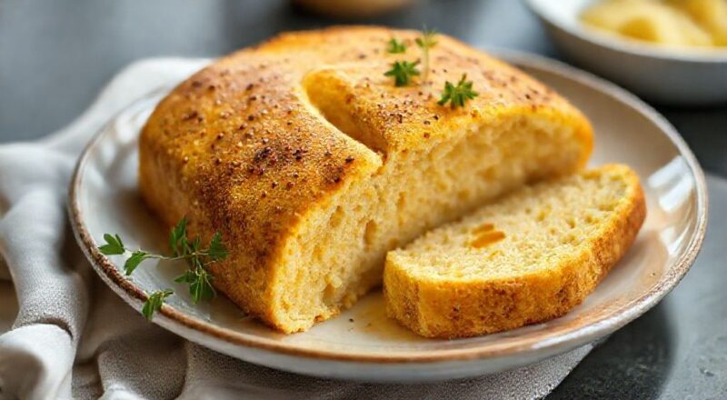 Pão de fubá dourado, leve e macio, recém-assado, servido em fatias sobre uma tábua rústica.