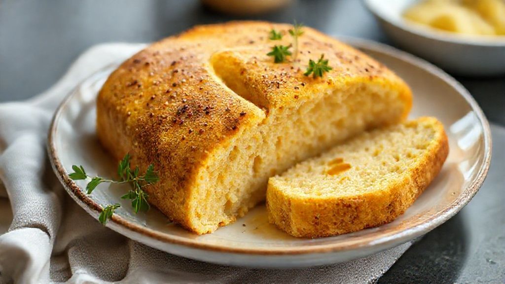 Pão de fubá sem trigo e sem ovos dourado e macio servido em fatias apetitosas.
