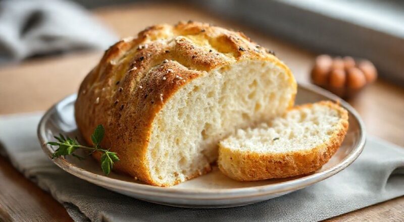 Pão de liquidificador fofinho, dourado e macio, recém-assado e servido em fatias sobre uma tábua de madeira