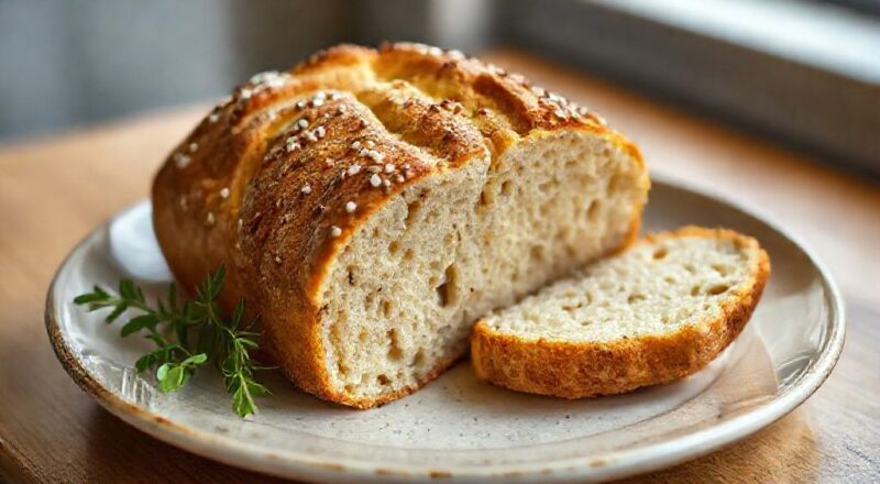 Pão dourado e leve, com casquinha crocante e interior macio, servido em uma tábua rústica