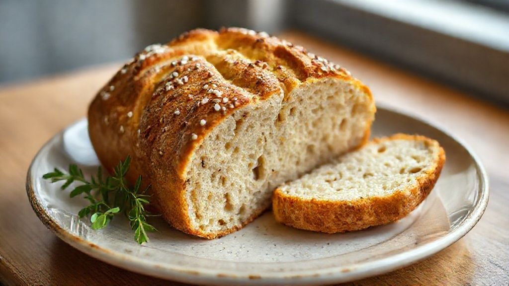 Pão de três ingredientes fácil e caseiro, levemente dourado e macio, pronto para servir no café da manhã