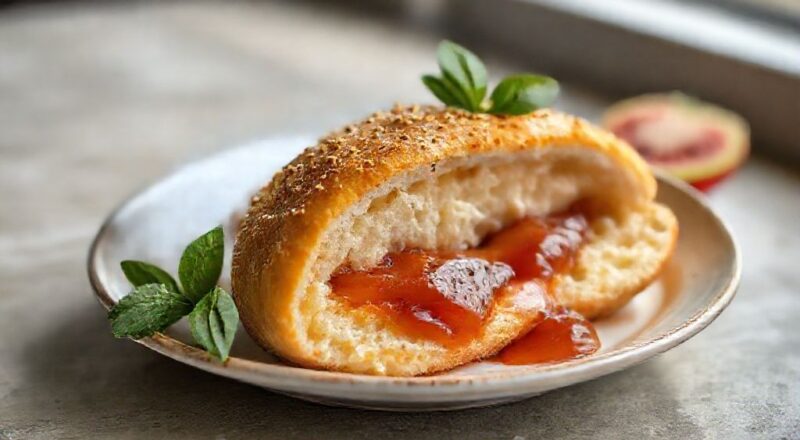 Pão doce trançado, dourado, com recheio de goiabada derretida aparecendo nas fatias.