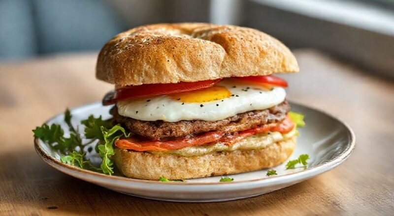 Pão low carb tostado com queijo derretido e rodelas de tomate, servido no café da manhã