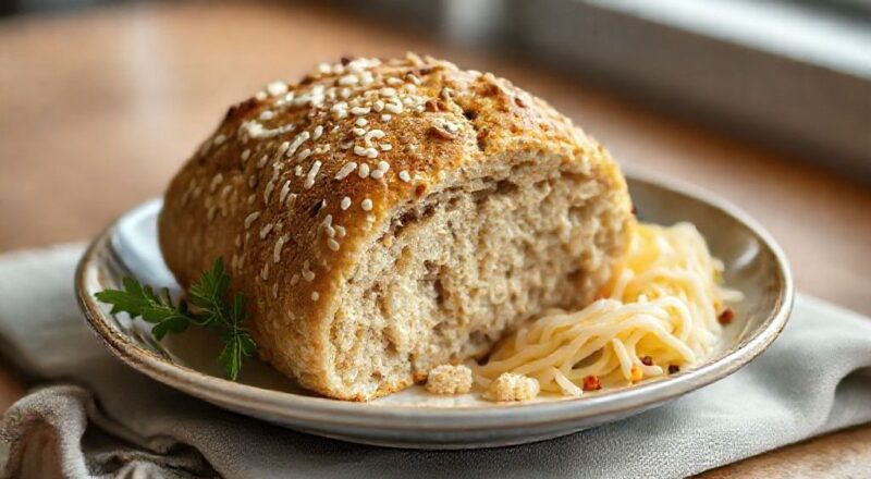 Pãozinho de aveia fit pronto, dourado e macio, servido em prato rústico sobre toalha de café da manhã