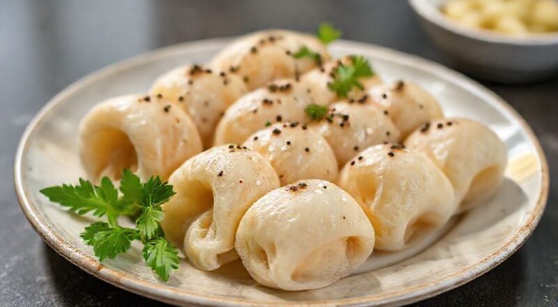 Pequenos pãezinhos de tapioca dourados e fofos, servidos em uma cesta rústica sobre toalha branca