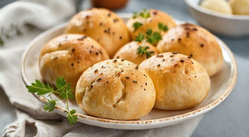 Pãezinhos dourados e leves servidos em prato de madeira, com casquinha crocante e interior fofo.