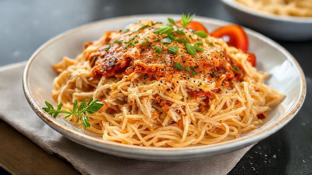 Parmegiana de frango desfiado gratinada com queijo derretido, servida em refratário dourado e suculento