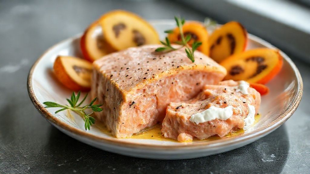 Patê de salmão com cream cheese servido em potinho com torradas ao lado, cremoso e elegante