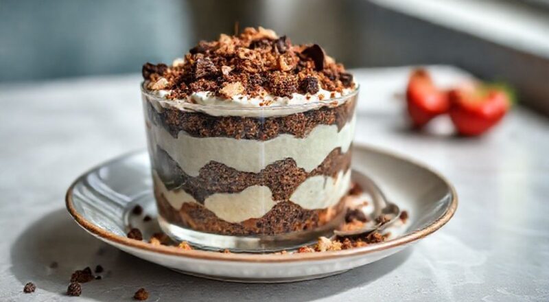 Pavê crocante finalizado em refratário de vidro, com camadas de creme e cobertura de chocolate com bolinhas crocantes.