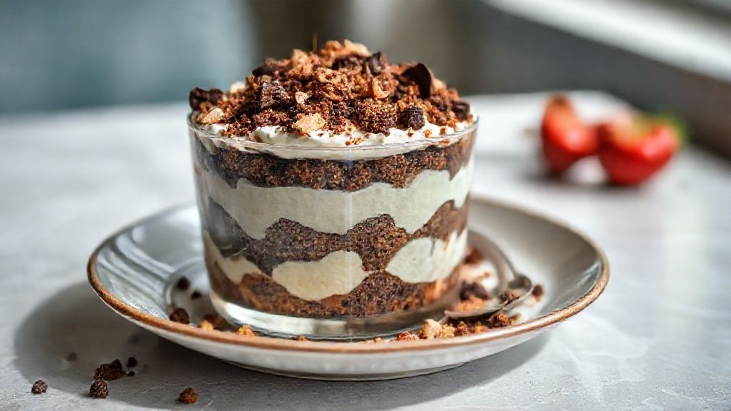 Pavê crocante cremoso em camadas, com cobertura de chocolate brilhante e cereais crocantes no topo