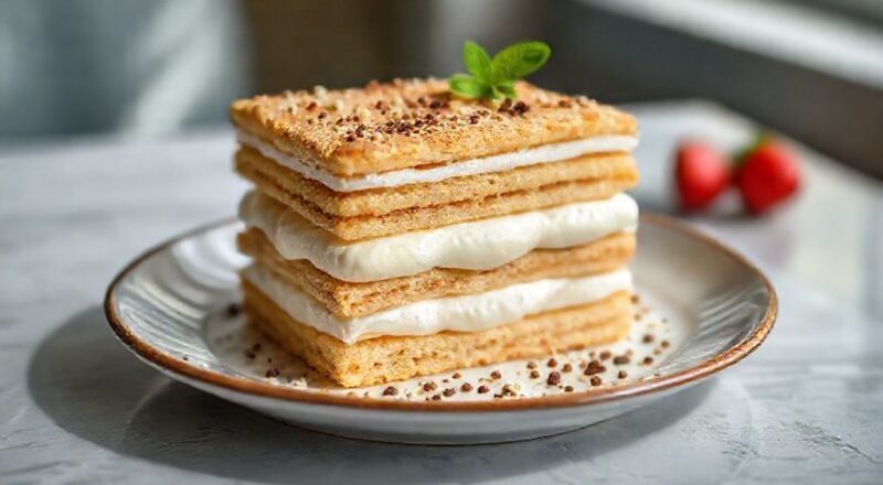 Pavê pronto em refratário de vidro, com camadas de creme e biscoitos decoradas com raspas de chocolate