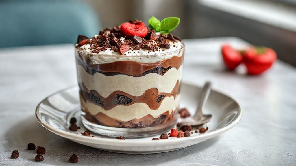 Pavê de chocolate cremoso servido em camadas com raspas de chocolate por cima, pronto para servir