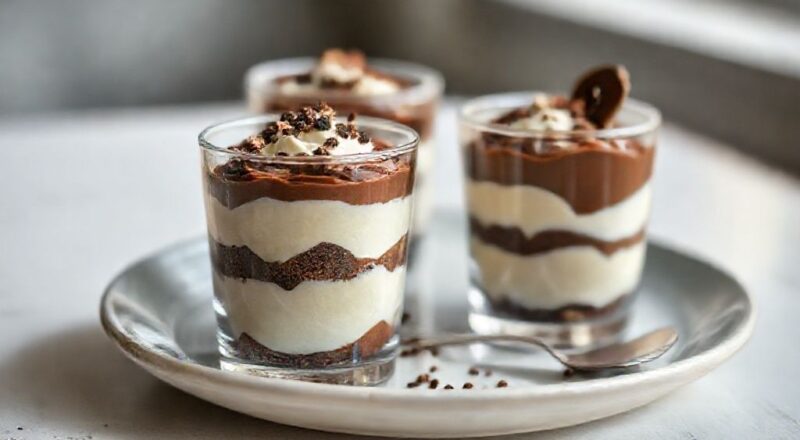 Pequenos potes transparentes cheios de camadas de creme branco e ganache de chocolate, decorados com raspas de chocolate e visual apetitoso