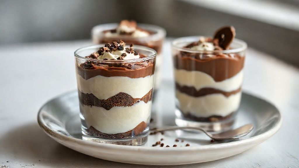 Pavê no potinho com camadas de creme branco e ganache de chocolate, sobremesa cremosa e deliciosa