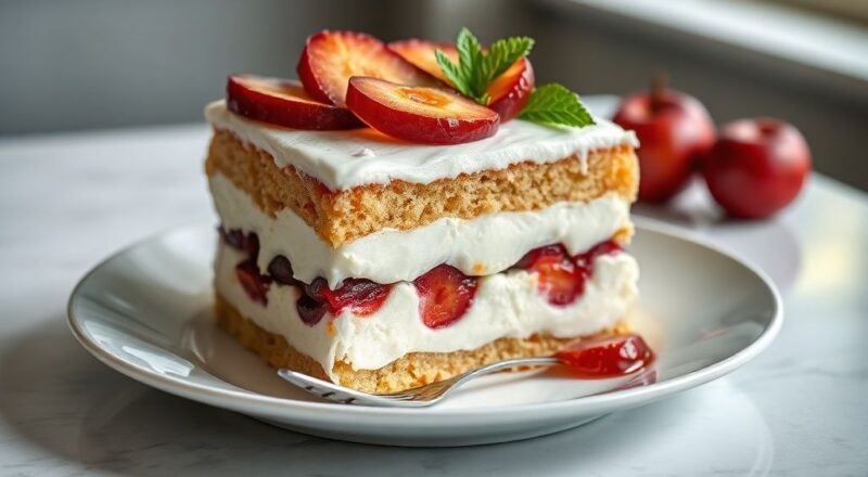 Pavê Olho de Sogra pronto, com camadas visíveis de coco, ameixa e doce de leite, decorado com ameixas inteiras e coco ralado por cima