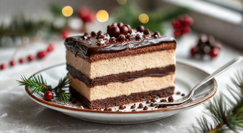 Sobremesa natalina com camadas de chocotone, creme branco e cobertura de ganache brilhante decorada com cerejas