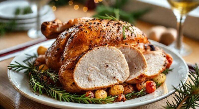 Peru de Natal assado, dourado e suculento, servido em travessa decorada com ervas, frutas e molho brilhante