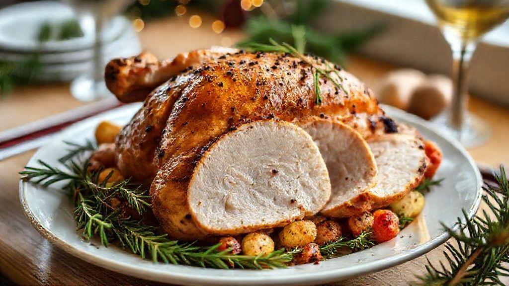 Peru de Natal com cerveja dourado e suculento servido em travessa decorada com ervas e frutas