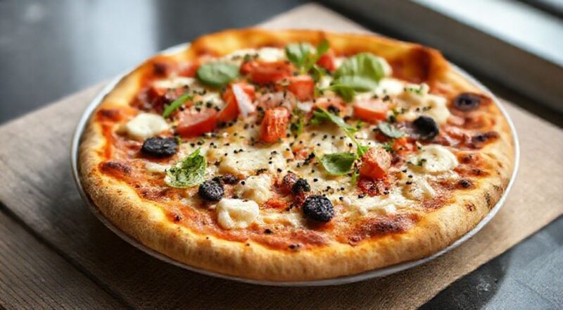 Pizza de liquidificador pronta, com queijo derretido, rodelas de calabresa e bordas douradas, servida em tábua de madeira