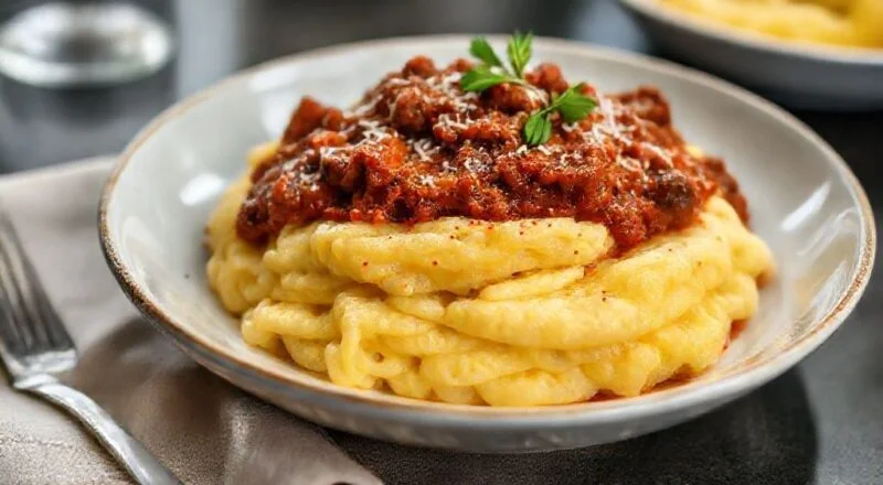 Prato de polenta cremosa coberta com ragu de carne suculento, queijo derretido e cebolinha picada
