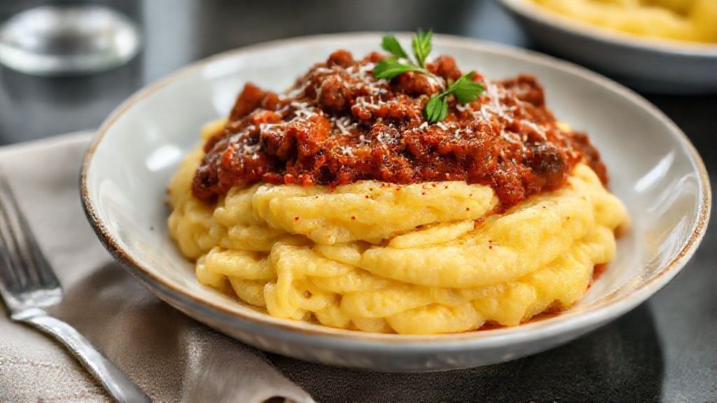 Prato de polenta com ragu de carne cremosa, coberta com queijo derretido e cebolinha fresca