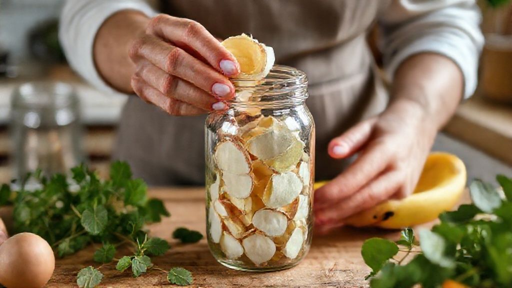 Mãos triturando cascas e misturando ingredientes no pote com água.