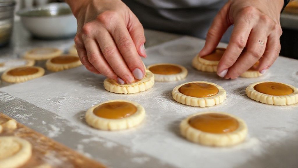 Mãos moldando os discos de massa e recheando com doce de leite durante a montagem dos alfajores