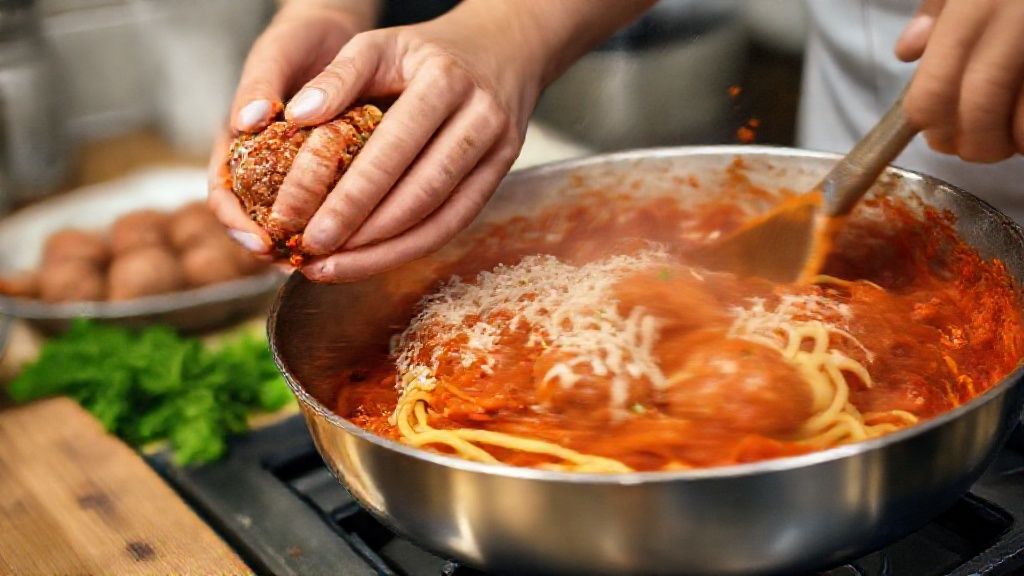 Mãos moldando as almôndegas em uma tigela ou refogando o molho com tomate fresco em panela