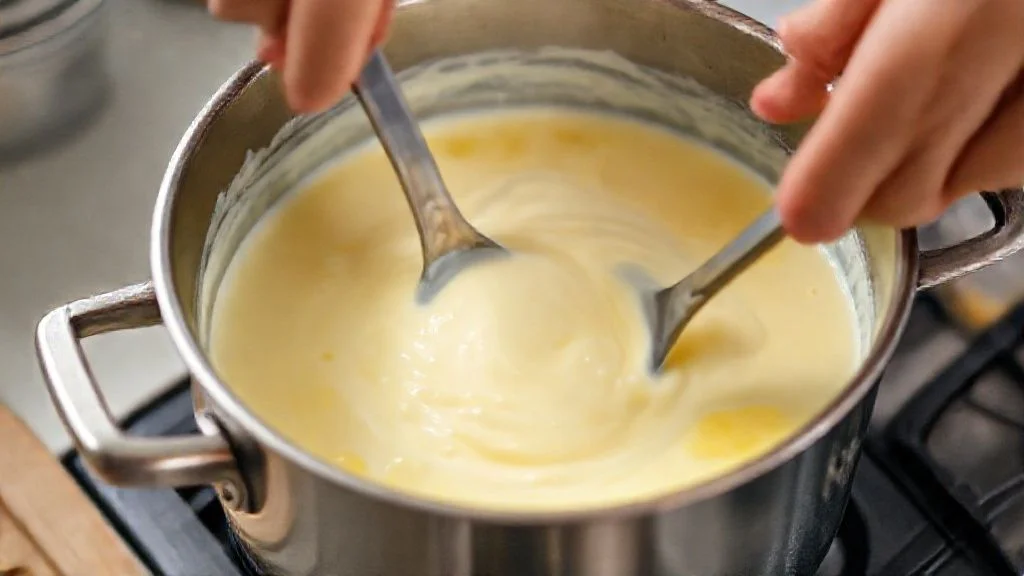 Mãos mexendo lentamente o leite com ovos na panela durante o preparo do doce