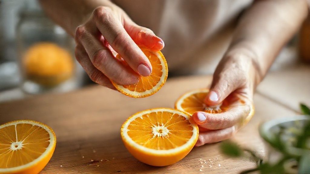 Mãos cortando a laranja e colocando a mistura aromática dentro, durante o processo de montagem