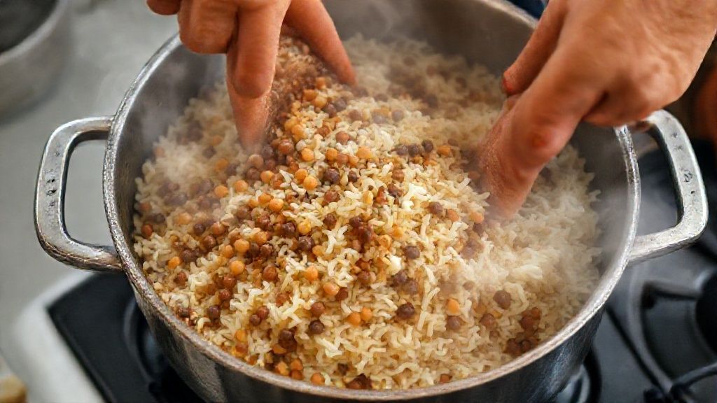 Mãos adicionando lentilha pré-cozida à panela com arroz e bacon durante o preparo da receita