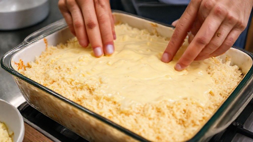 Mãos montando o arroz de forno em travessa, espalhando o creme e colocando o queijo sobre a camada