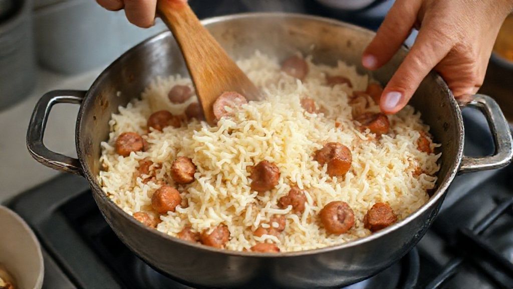 Mãos refogando a calabresa e mexendo o arroz na panela durante o preparo da receita