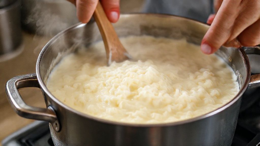Mãos mexendo o arroz doce em uma panela durante o cozimento, mostrando a textura cremosa se formando