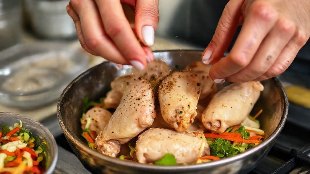 Mãos temperando e misturando as asinhas de frango antes de levar ao forno