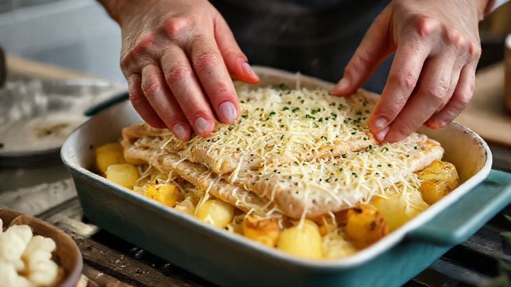 Mãos adicionando camadas de bacalhau, batata e queijo em refratário durante o preparo da receita.