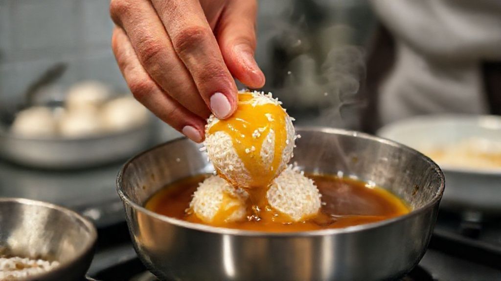 Mãos mergulhando o brigadeiro de coco na calda de caramelo quente em uma panela