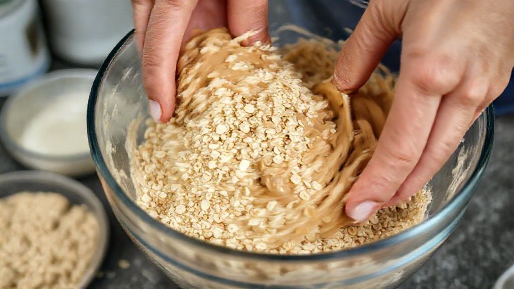 Mãos misturando aveia, whey e pasta de amendoim em tigela durante o preparo das barrinhas