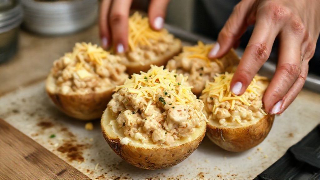 Mãos recheando batatas assadas com frango cremoso enquanto outra finaliza com queijo ralado por cima