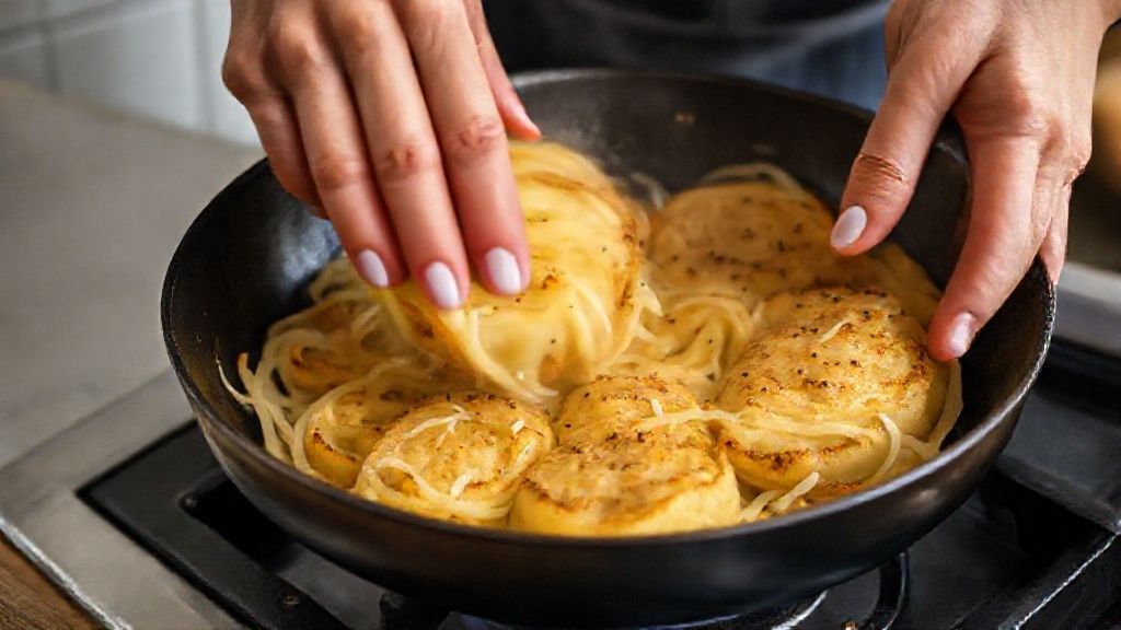 Mãos dourando a batata suíça em frigideira antiaderente, mostrando textura crocante e cuidado no preparo.