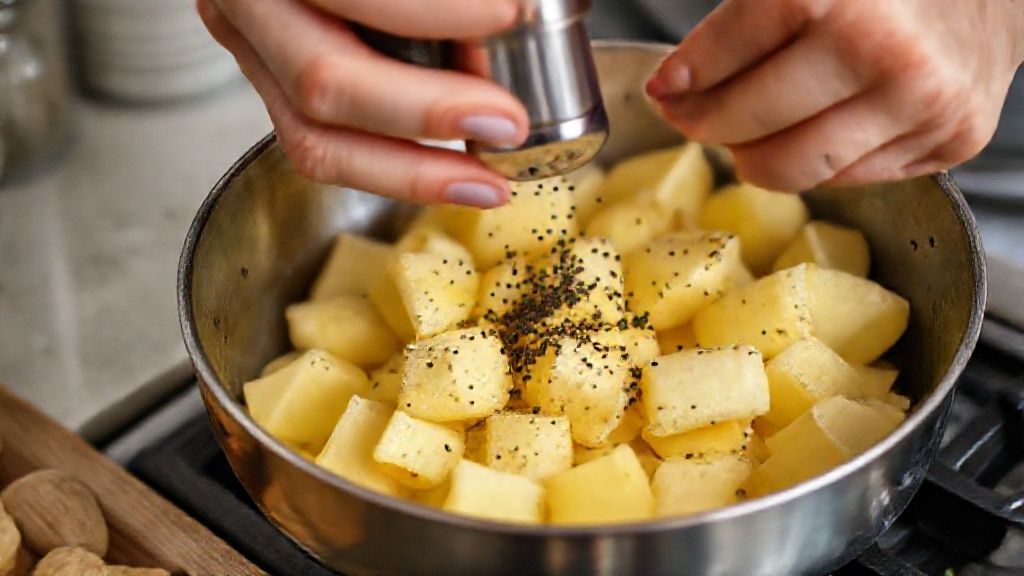 Mãos dourando as batatinhas em manteiga e alho, com pimenta sendo moída sobre a panela