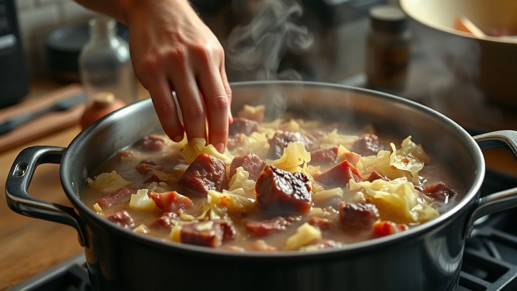 Mãos mexendo as carnes e repolho durante o cozimento em uma panela funda, etapa essencial do ensopado.