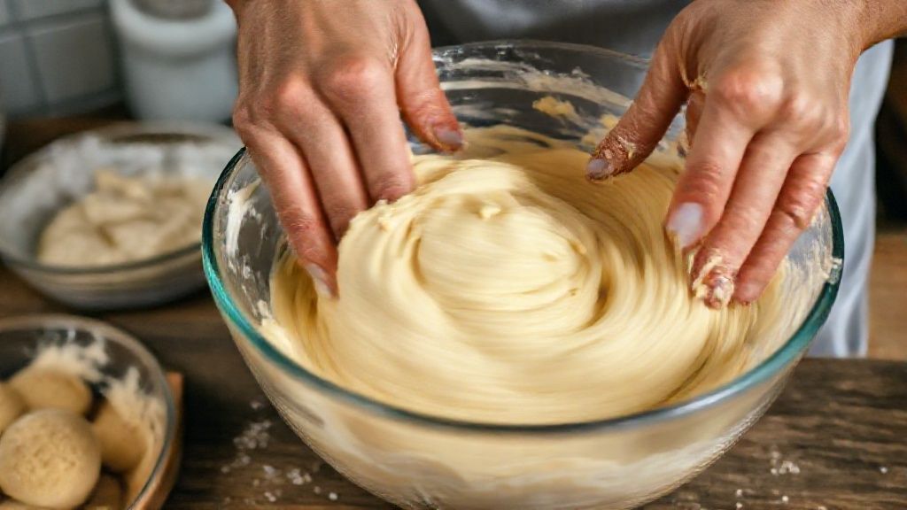 Mãos misturando a massa de biscoitinho caipira em tigela de vidro, destacando a textura uniforme