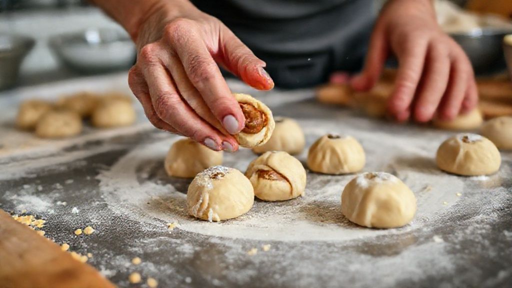 Mãos modelando bolinhas de massa com cubinhos de goiabada no centro durante o preparo dos biscoitinhos