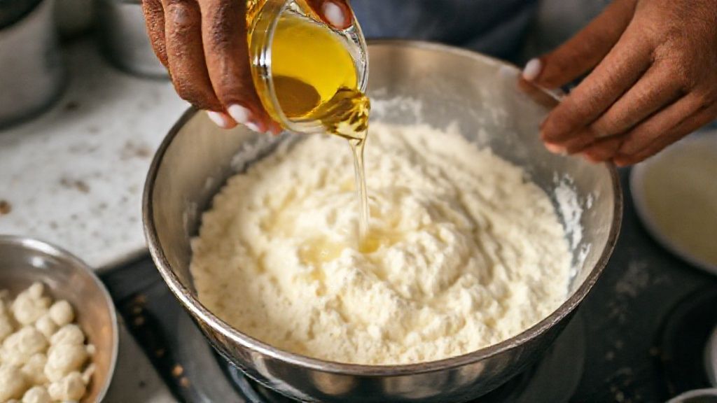 Mãos escaldando o polvilho e misturando a massa em tigela grande